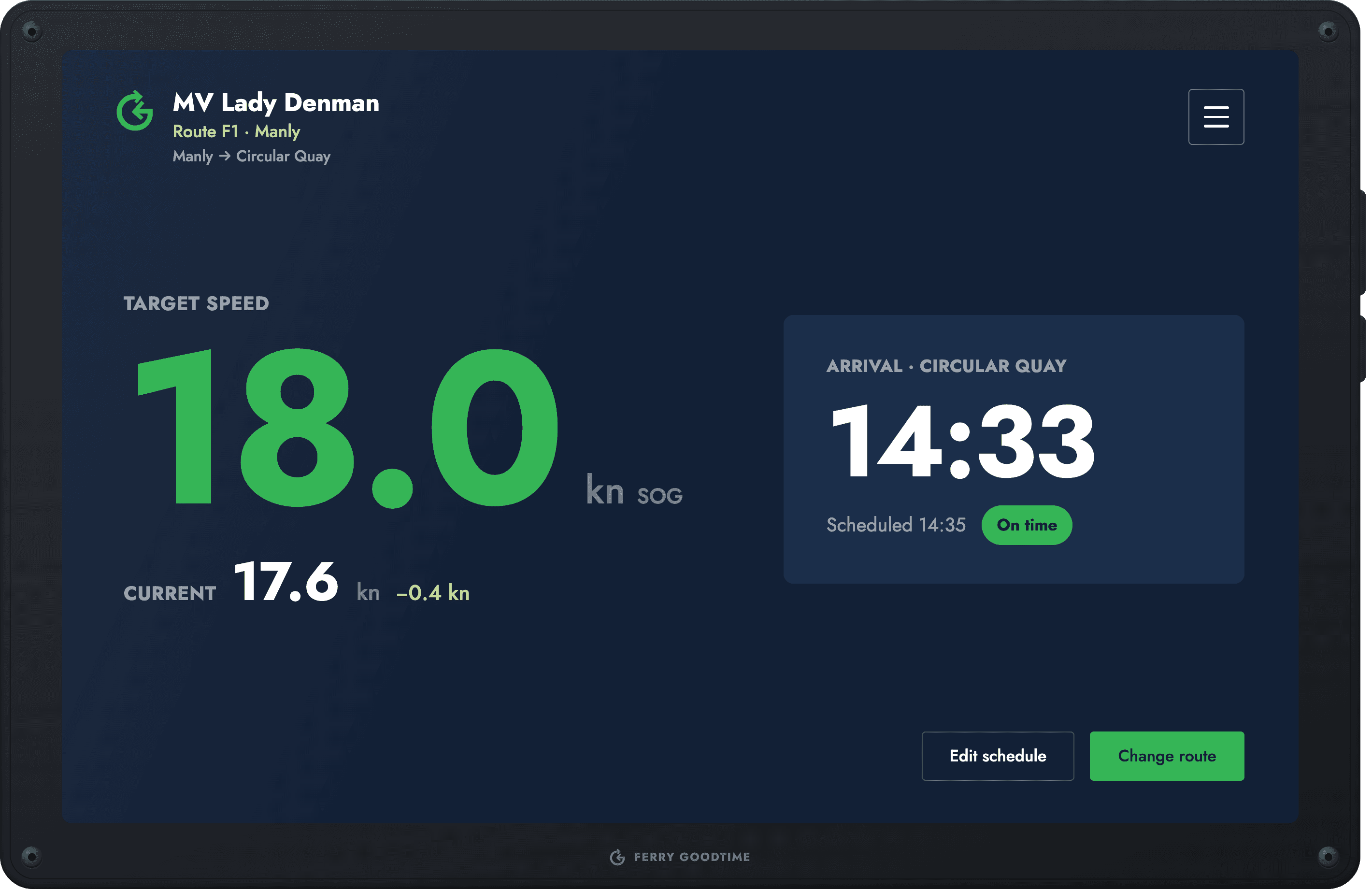 The Ferry Goodtime display mounted at the helm, showing a target speed of 18.0 knots against a current speed of 17.6, and an arrival of 14:33 against a scheduled 14:35, marked on time.
